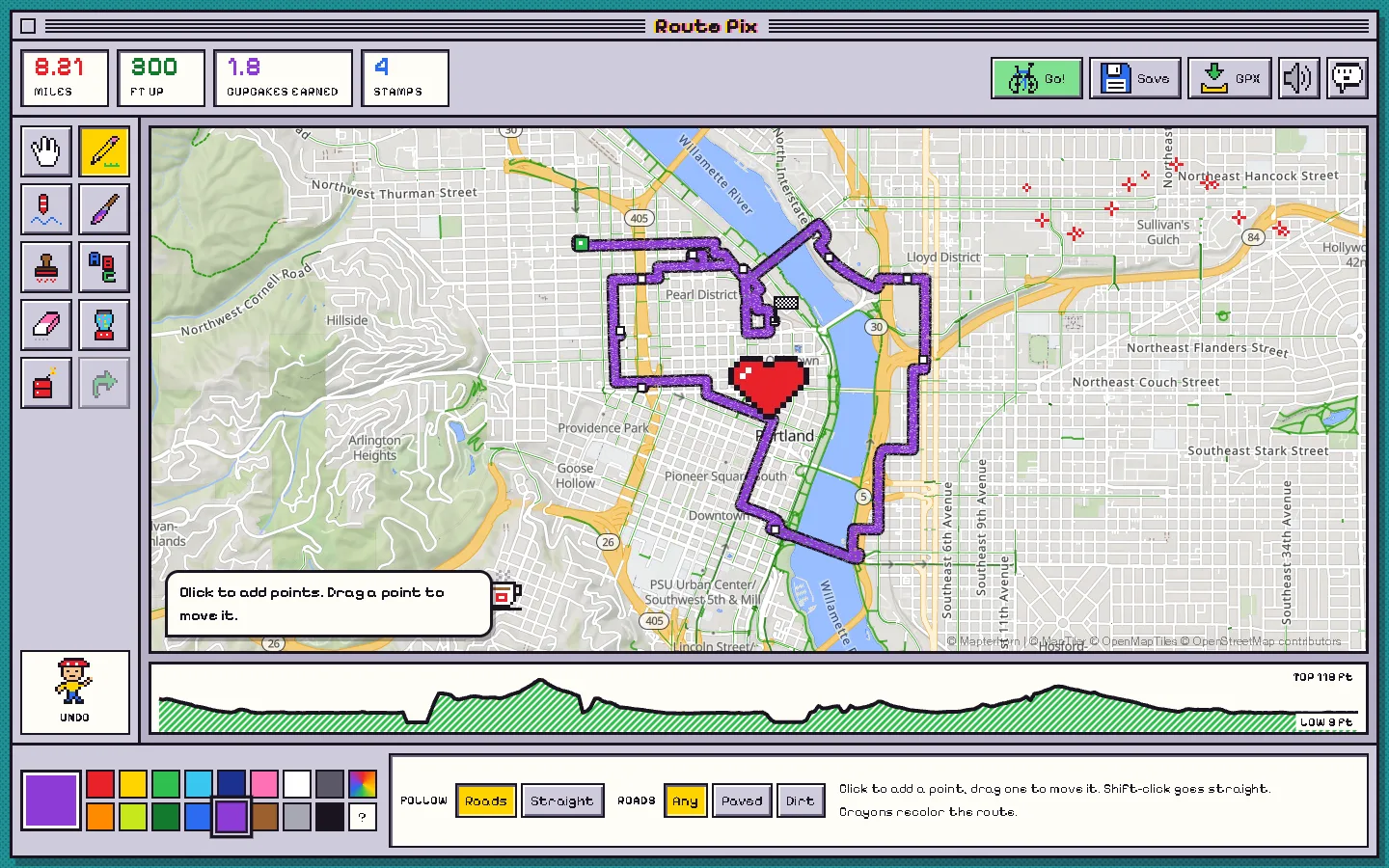 Route Pix with a purple road-snapped route shaped like a heart, a giant heart stamp, sparkles and the elevation strip