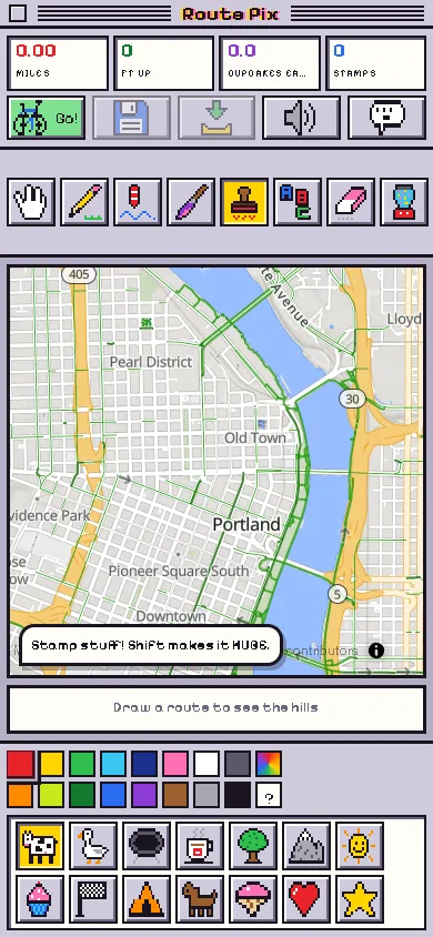 Route Pix at phone width with tools in a row and stamps below