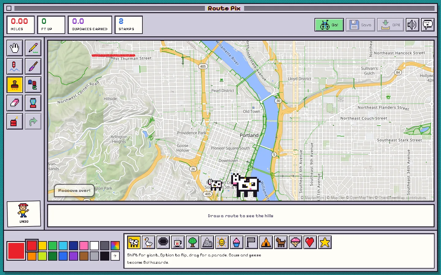 Stamp palette with 14 pixel stamps and a giant cow on the map